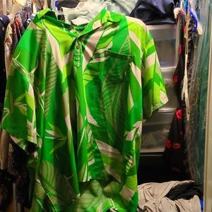 Manuhealii Aloha Shirt Mens Collar  Hawaiian Vintage 1980s Green Leaf 4X